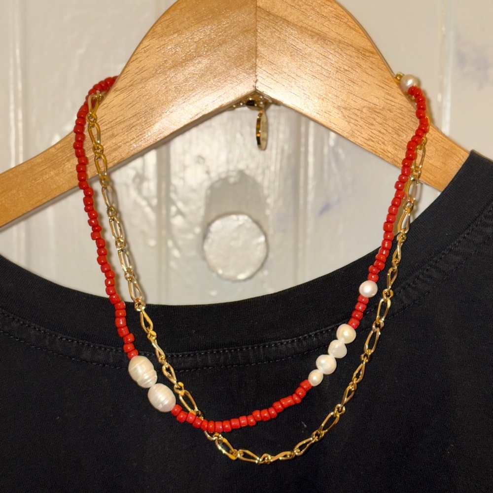 Verity Necklace, Red‎ Jade and Pearl With Gold Paper Clip Double Strand